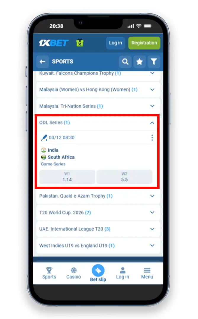 1xbet Cricket ODIs Betting Mobile Screenshot